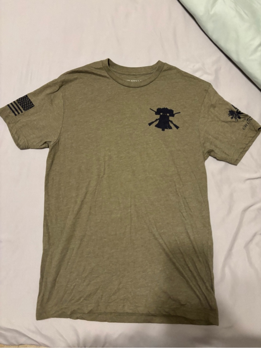Grunt Style Olive Green Short Sleeve Graphic Tee with Black Prints